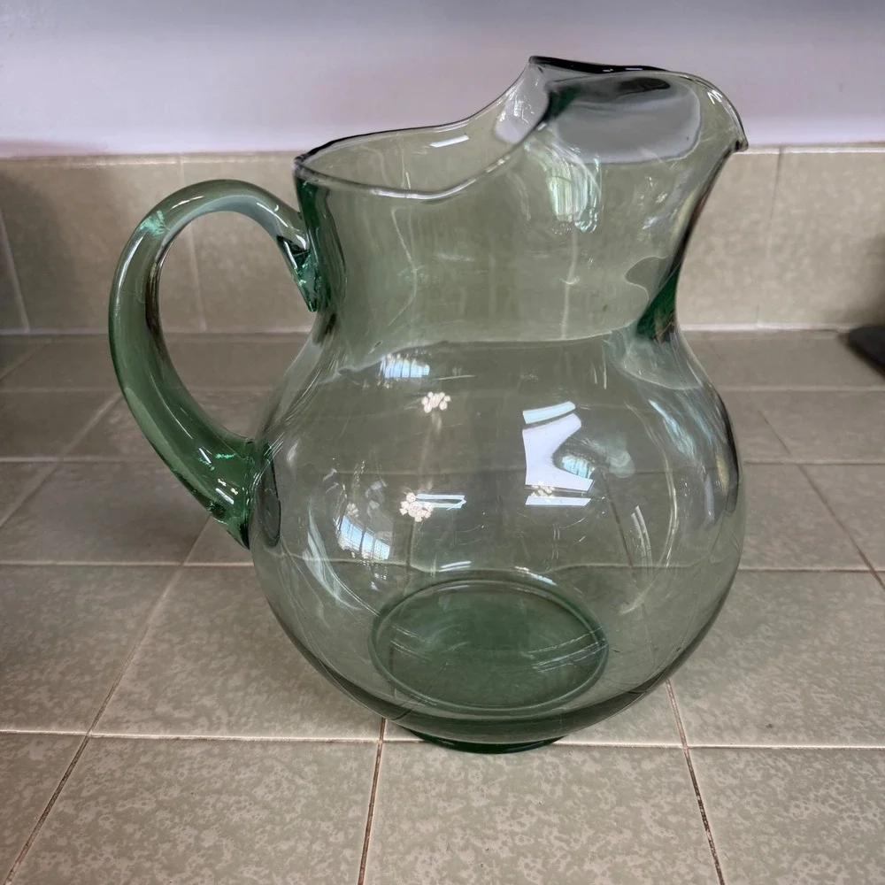 Vintage Sage Green Glass Pitcher Round Hand Blown Water Carafe with Handle 9